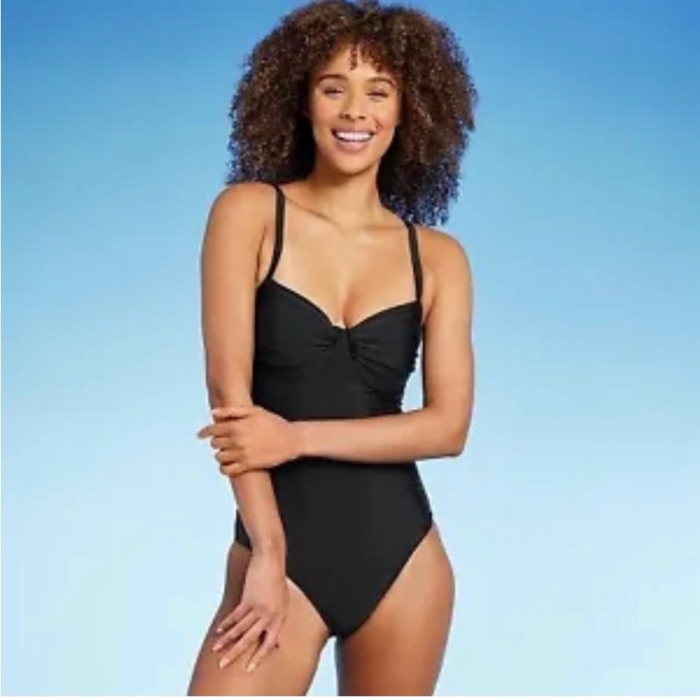 NWT Shirred Underwire Black One Piece Swimsuit - Kona Sol Black Large